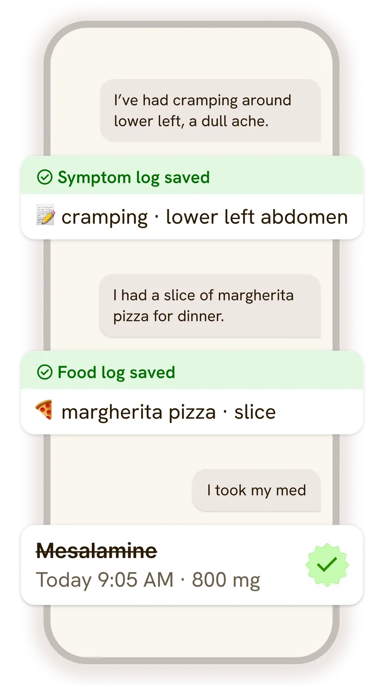 Mirae logging a symptom, food, and medication from a conversation